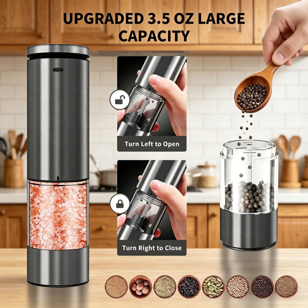 2PCS electric salt and pepper grinder - USB powered, one handed operation, suitable for giving Christmas, birthday, and New Year gifts, suitable for kitchen and restaurant supplies