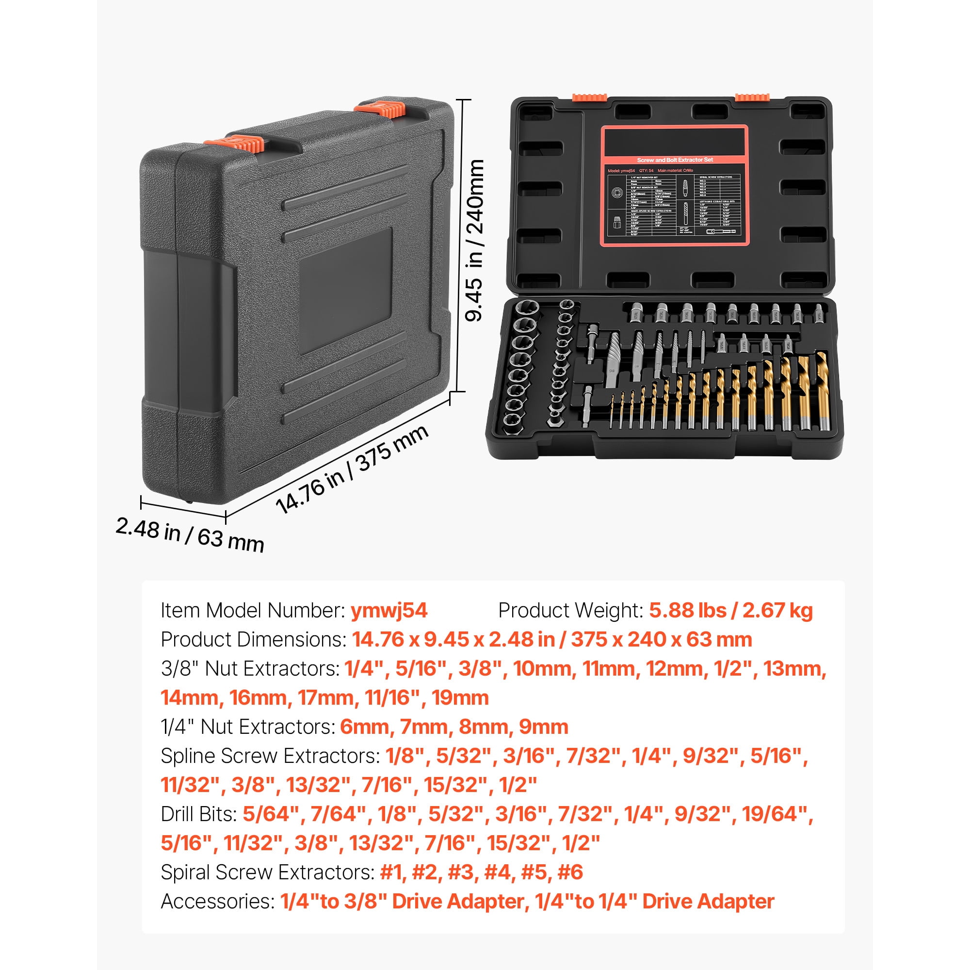 KFFKFF 54-Piece Screw Extractor Set with Drill Bits, Includes Nut Bolt Extractors, Adapters, and Storage Case, Made of Cr-Mo Steel for Removing Damaged, Rounded, or Stripped Fasteners