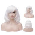thumbnail image 4 of RightOn 14'' White Wig Short Curly Wig White Wig with Bangs Wavy White Wig for Women Heat Resistant Synthetic Hair White Cosplay Party Wig with Wig Cap, 4 of 5
