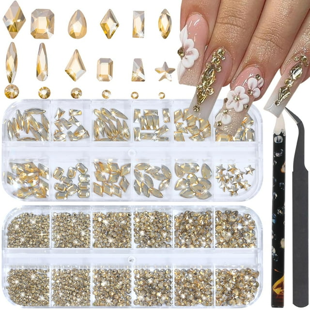 Set de strass para uñas HNUIX, 120 piezas, color dorado champán, gemas 3D