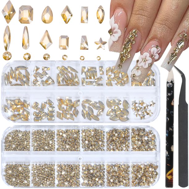 Set de strass para uñas HNUIX, 120 piezas, color dorado champán, gemas 3D