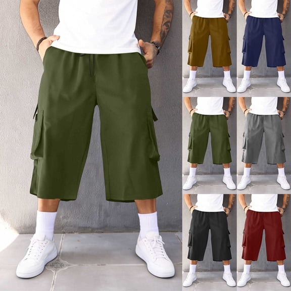 Horkkom Cargo Shorts for Men Solid Color Elastic Waist Drawstring Shorts Outdoor Casual Hiking Shorts with Pockets, S-3XL