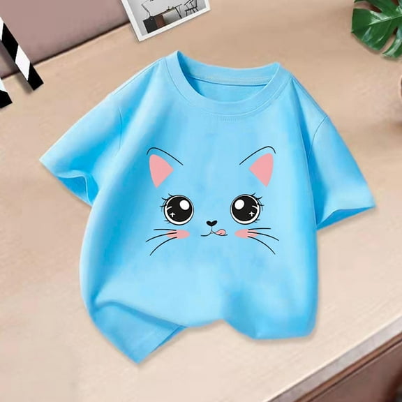 Delliss Girls' Cute Shirts Short Sleeve Cat Graphic Tees Crew Neck Cartoon Casual Cotton T-Shirt Kids Summer Tops Clothes 2-14 Years