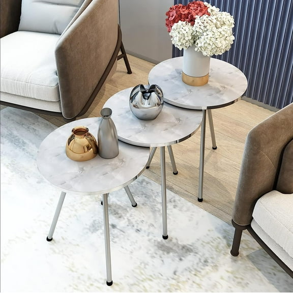 Set of 3 Nesting END Tables - Round Stacking Coffee Side Tables for Small Spaces, Nightstand Bedside Table for Living Room, Bedroom, Living Room,NO-Tools Assembly (White Marble/Silver)