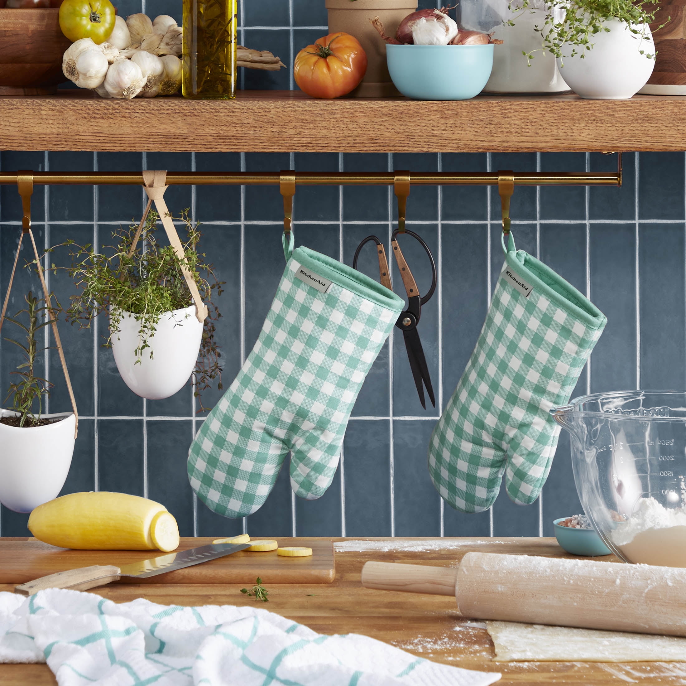 KitchenAid Gingham Oven Mitt 2-Pack Set, Aqua Sky, 7"x13"