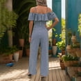 thumbnail image 5 of Women's Dressy Jumpsuits, Jumpsuit for Women Dressy Casual Striped Cold Shoulder Strap Ruffle Sleeve Wide Leg Pants Romper Bussiness Trendy Overalls Athletic Overalls for Women Navy XL, 5 of 5