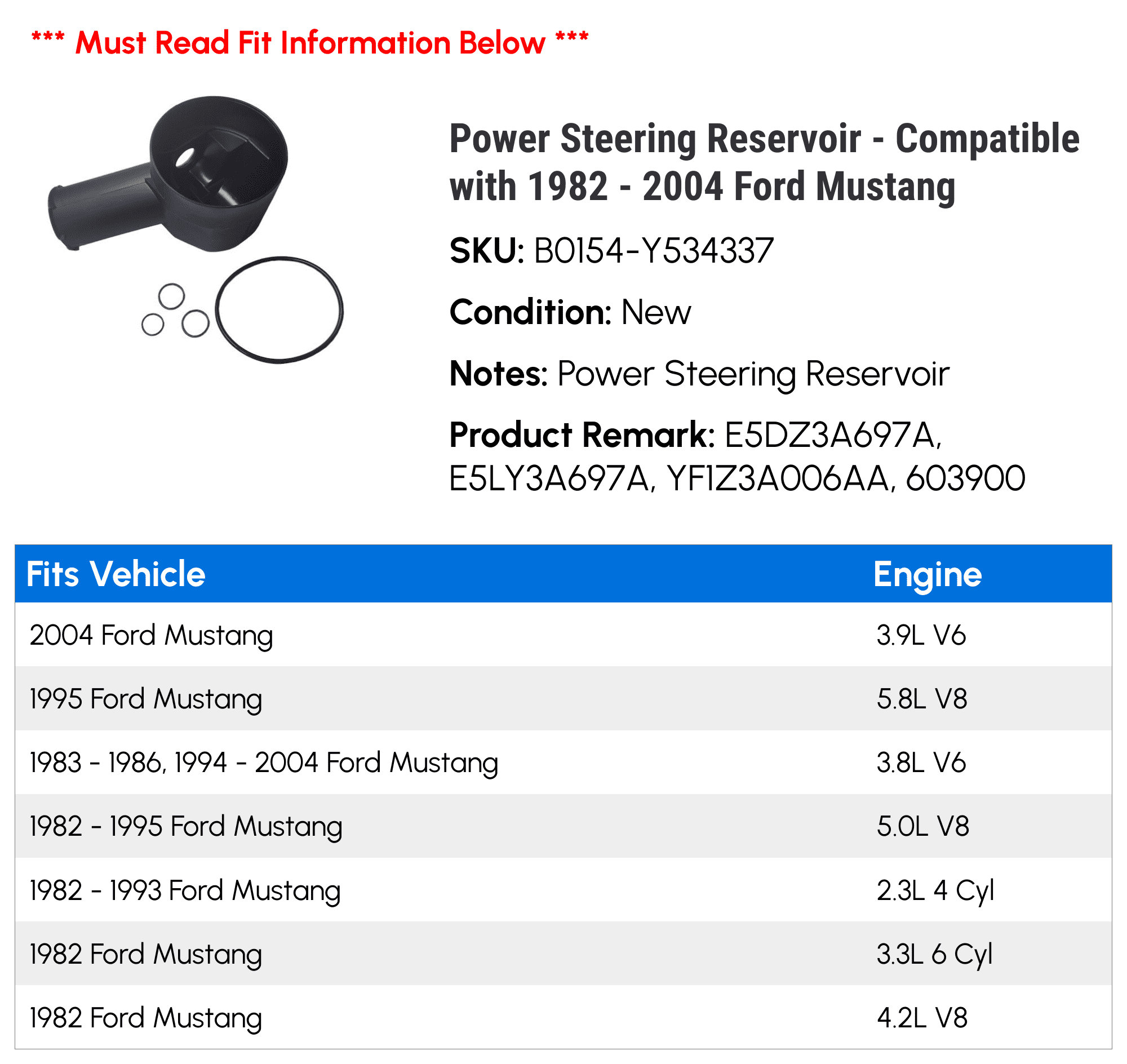 Power Steering Reservoir - Compatible with 1982 - 2004 Ford Mustang 1983 1984 1985 1986 1987 1988 1989 1990 1991 1992 1993 1994 1995 1996 1997 1998 1999 2000 2001 2002 2003