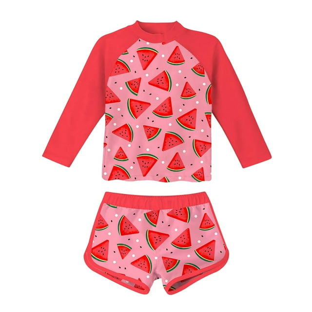 eczipvz Girls Rash Guard Two Pieces Swimsuit Toddler Bathing Suit Girl Long Sleeve Bathing Suit(Red,3-4 Years)