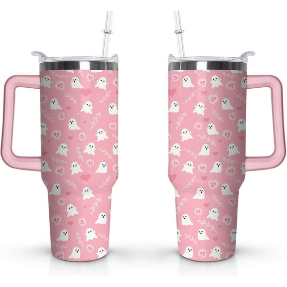 Halloween Ghosts Cup Gifts for Women Girls, Cute Spooky 40oz Tumbler with Handle and Straw, Holiday Stainless Steel Insulated Water Bottle (1 PC)