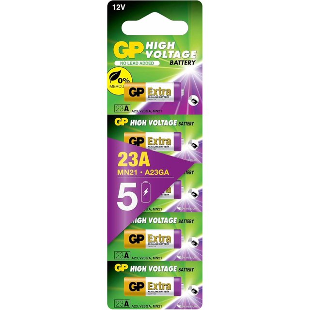 GP Pilas 23A Extra - MN21-12v - Lote de 5 | Baterías Alcalinas de Larga duración - Ideales para Llaves de Coche, Mandos, Alarmas Inalámbricas