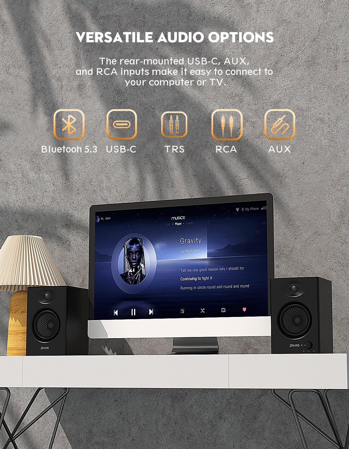 Ortiza 60W Computer Speakers for Music and Gaming, Active Bluetooth 5.3, Stereo 2.0 Speakers for Desktop PC or Laptop, 3.5mm Aux RCA Input, USB-Powered, 1 Pair, Black