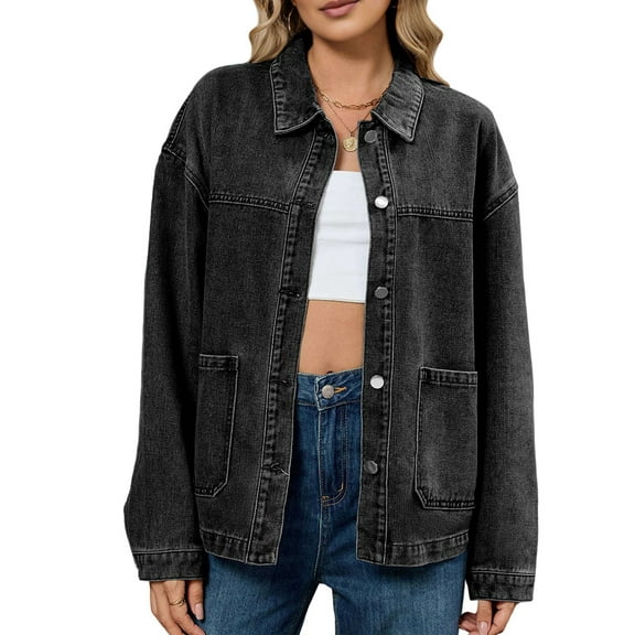 Womens Fall Winter Jean Denim Jacket Long Sleeve Button Down Shirts Oversized Trendy Coat with Pockets Black & Gray L