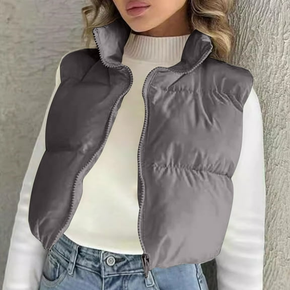 Fanxing Women's Puffer Vest, High Stand Collar Lightweight Zip Crop Padded Gilet Gray M