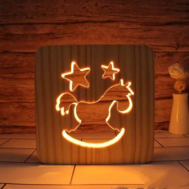 Caballo de Troya Luz de noche LED Madera maciza Interruptor de botón usado de baja energía Luz suave y cálida Amigos creativos Regalo Dormitorio Decoración del hogar
