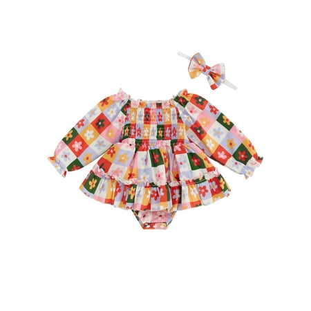

Bangyeer Baby Romper Dress Long Sleeve Flower Plaid Print Romper with Headband