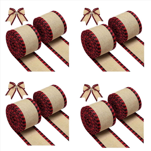 8X Cintas de Borde con Alambre Navidad Cinta Artesanal de Tela de Arpillera Enrollar Rollos de Cinta con Borde Una Cuadros Rojo