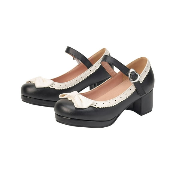 Nrmvnmi Women's Mary Shoes Heels Pumps Block High Heel Cute Ankle Strap Bow Closed Toe Wedding Dress Shoes Black Mothers Day Gifts