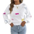 thumbnail image 2 of Ribbed Knit Pullover Winter Clothes Women's Fashion Fall And Winter Contrast Bow Waist Sleeve Loose Sweater Pullover Tops White S, 2 of 5