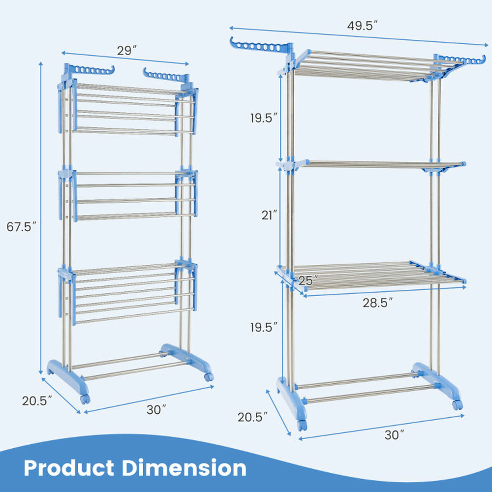 Finihen Drying Rack, Clothes Drying Rack, 4-tier Folding Clothes Drying Rack with Rotatable Side Wings, for Indoor, Outdoor, Blue Finihen Drying Rack, Clothes Drying Rack, 4-tier Folding Clothes Drying Rack with Rotatable Side Wings, for Indoor, Outdoor, Blue