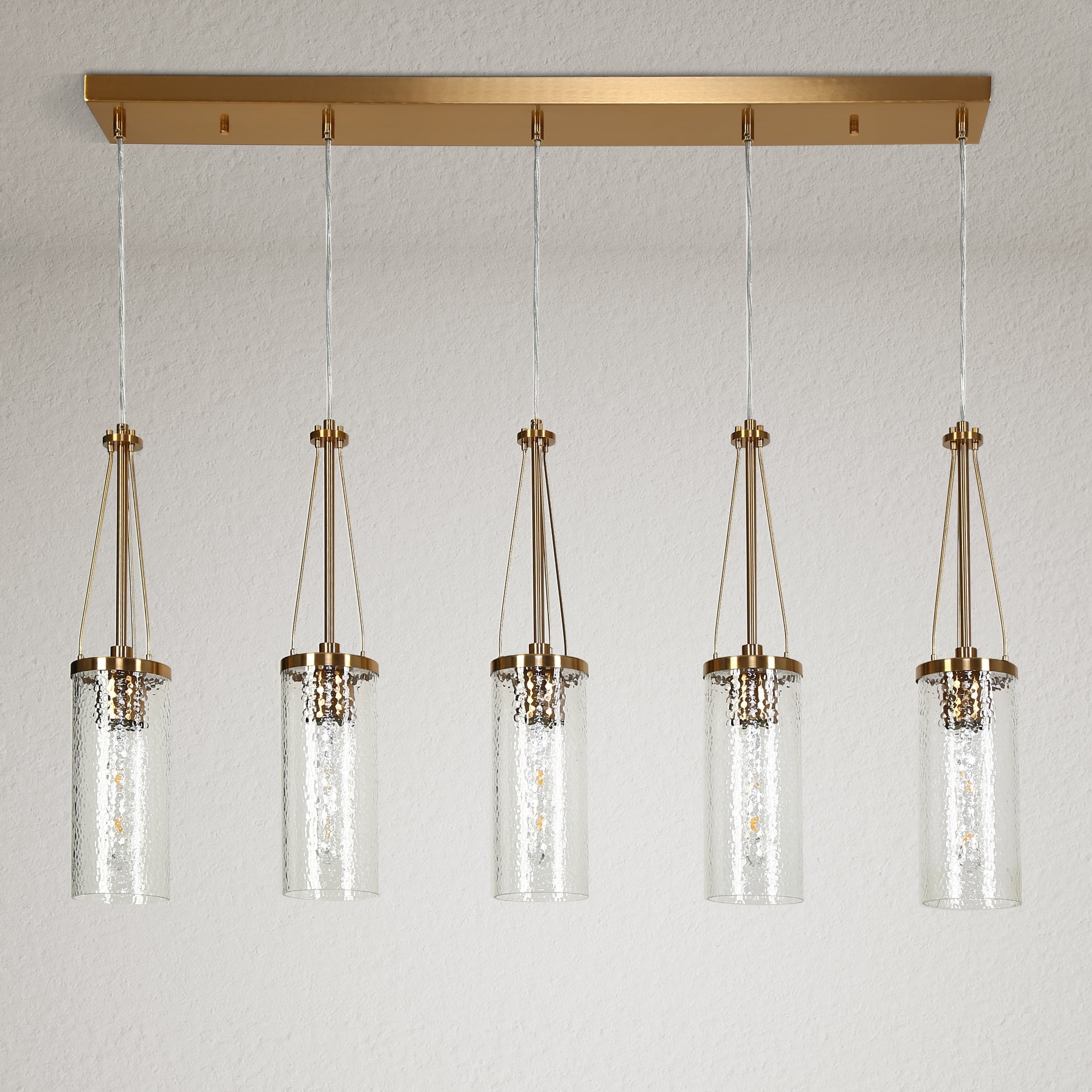 LNC Letophafos 5 -Light Polished Dark Gold with Ripple Glass Modern/contemporary Textured glass Crystal Linear Large Hanging Kitchen Island Light