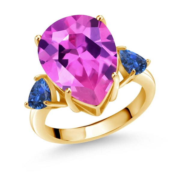 Gem Stone King 11.78 Ct Pink Created Sapphire Blue Created Sapphire 18K Yellow Gold Plated Silver Ring (Size 9)