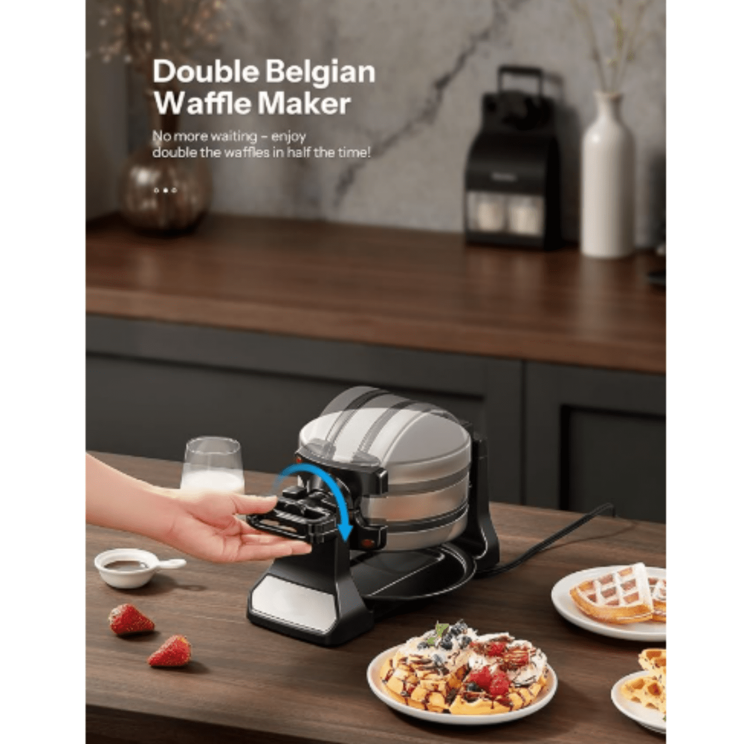 Belgian Waffle Maker, Classic Rotating Waffle Iron with Nonstick Plates, Removable Drip Tray and Cool Touch Handles, Double Flip Waffle, Rotating Belgium Waflera Maker by Yabano, Brushed Stainless