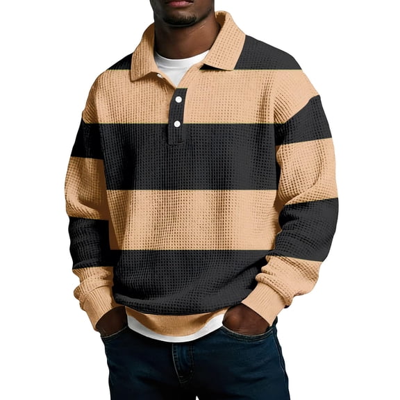 Dagegui Waffle Knit Long Sleeve Shirts for Men Trendy Striped Golf Shirt Fall Collared Button Up Pullover Tops Khaki S