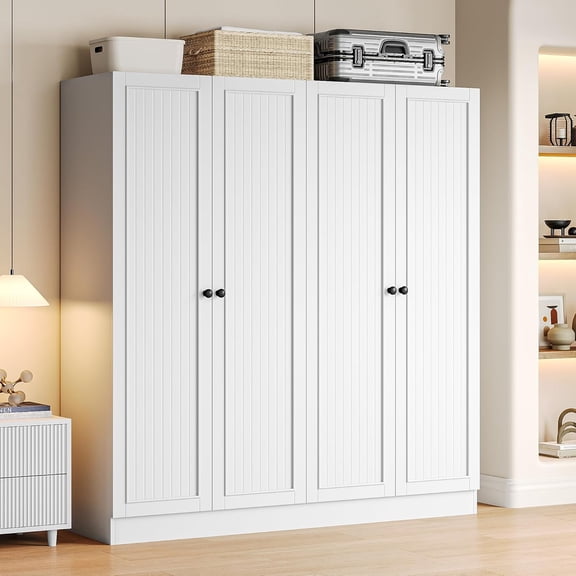 iPormis Armoire Wardrobe Closet with 4 Doors and 2 Drawers, Tall Clothing Storage Cabinet with Removable Hanging Rods & Adjustable Shelves, Large Clothes Organizer for Bedroom, Cloak Room, White