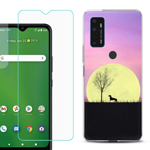 Slim-Fit Gel TPU Phone Case for Cricket Dream 5G, with Tempered Glass Screen Protector, by OneToughShield ® - Moonlight Dachshund