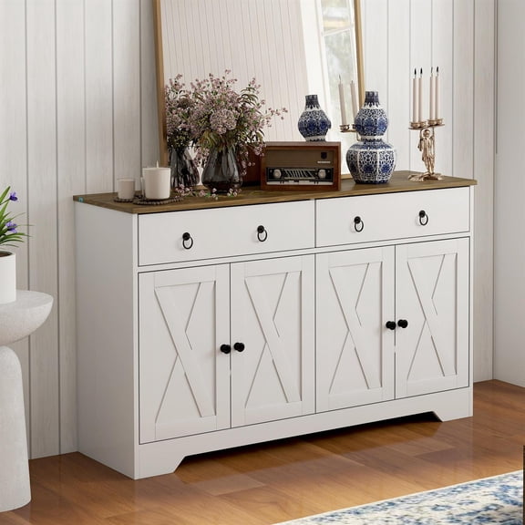 Demi Bonn 53" Kitchen Storage Sideboard, Farmhouse Buffet Cabinet with Barn Style Doors, Drawers, Adjustable Shelves for Living Room, Bedroom, White