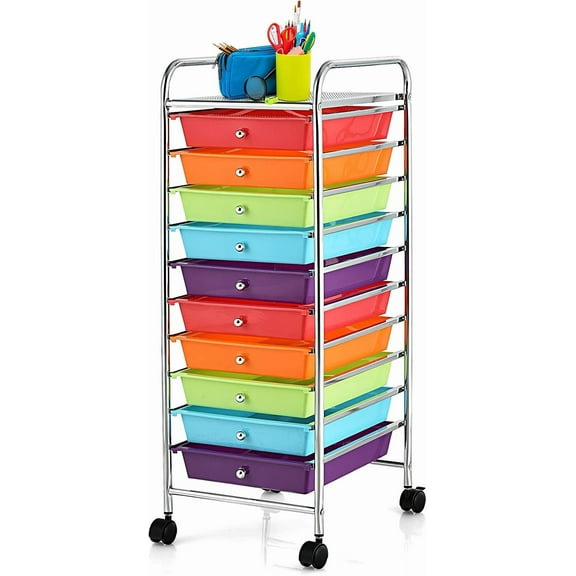 RONG-3 10-Drawer Multipurpose Rolling Storage Cart, Mobile Craft Cart with Wheels & Lockable Brakes, Home Office School Tools Organizer (Multicolor)