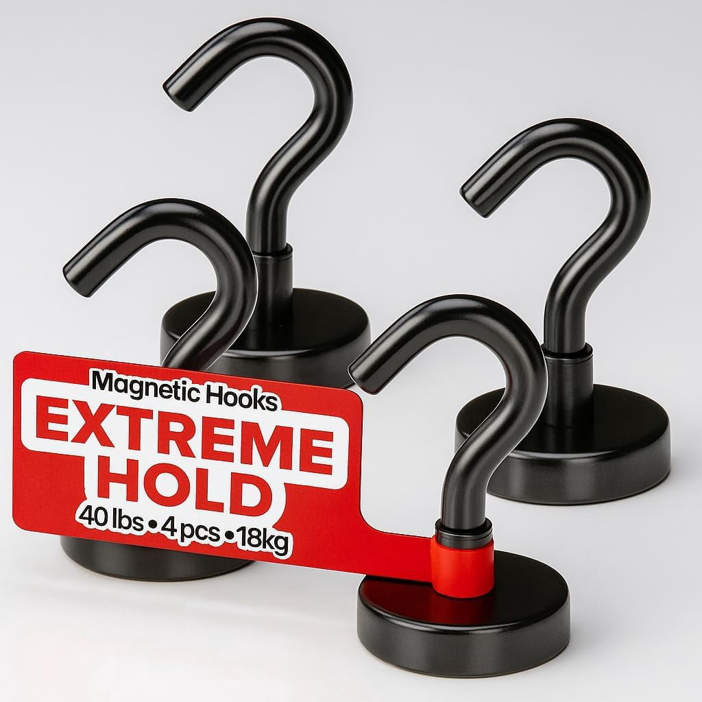 FEFEFW-Magnetic Hooks 40 LBS (Pack of 4 Black) - Heavy Duty Neodymium Hooks for Outdoor & Backyard Use - Strong Rare Earth Magnets for Cruise Cabins - Magnetic Hooks for Kitchen & Refrigerators