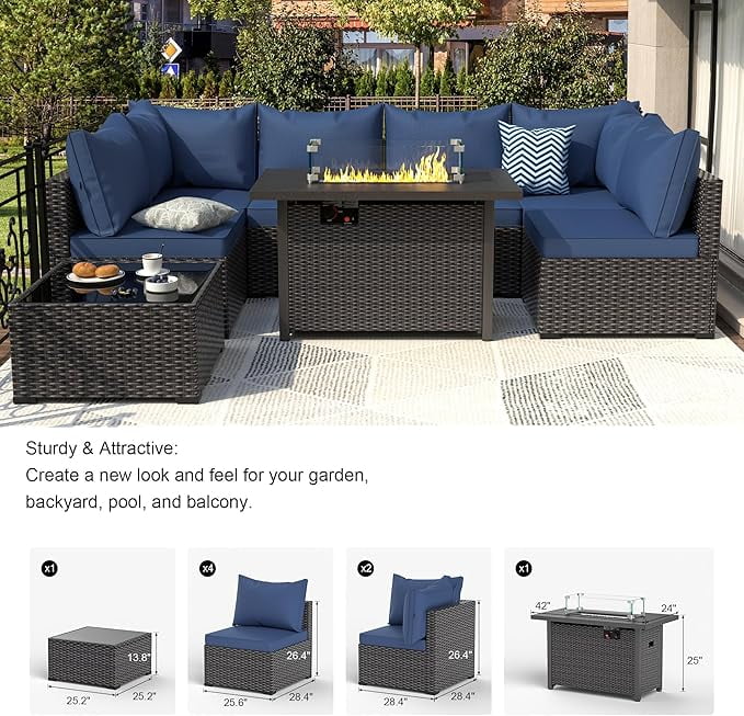 8 Piece Patio Furniture Set with 42" Propane Gas Fire Pit Table with Coffee Table,Blue