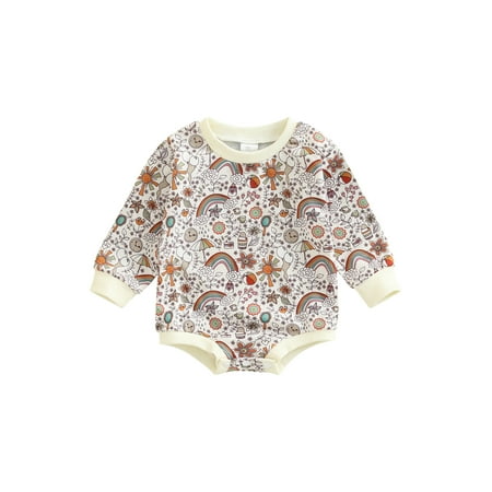 

Baby Romper Girls Flower Print Crew Neck Long Sleeve Bodysuit