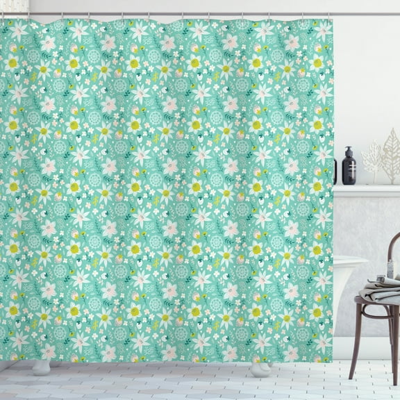 Strawberry Shower Curtain, Scandinavian Style with Flowers Leaves Berries Ornamental Motif, Fabric Bathroom Set with Hooks, 69W X 84L Inches Extra Long, Turquoise Pale Green White, by Ambesonne