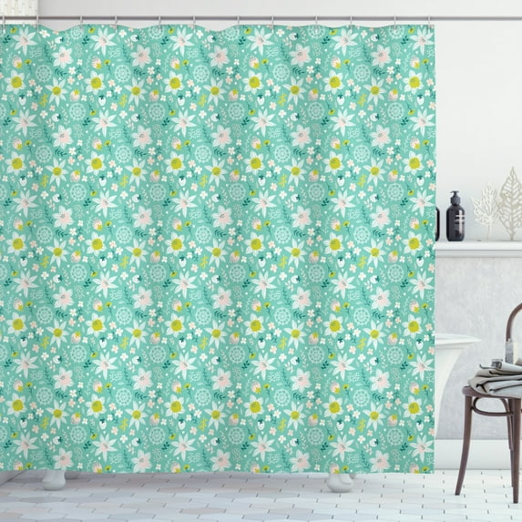 Strawberry Shower Curtain, Scandinavian Style with Flowers Leaves Berries Ornamental Motif, Fabric Bathroom Set with Hooks, 69W X 75L Inches Long, Turquoise Pale Green White, by Ambesonne