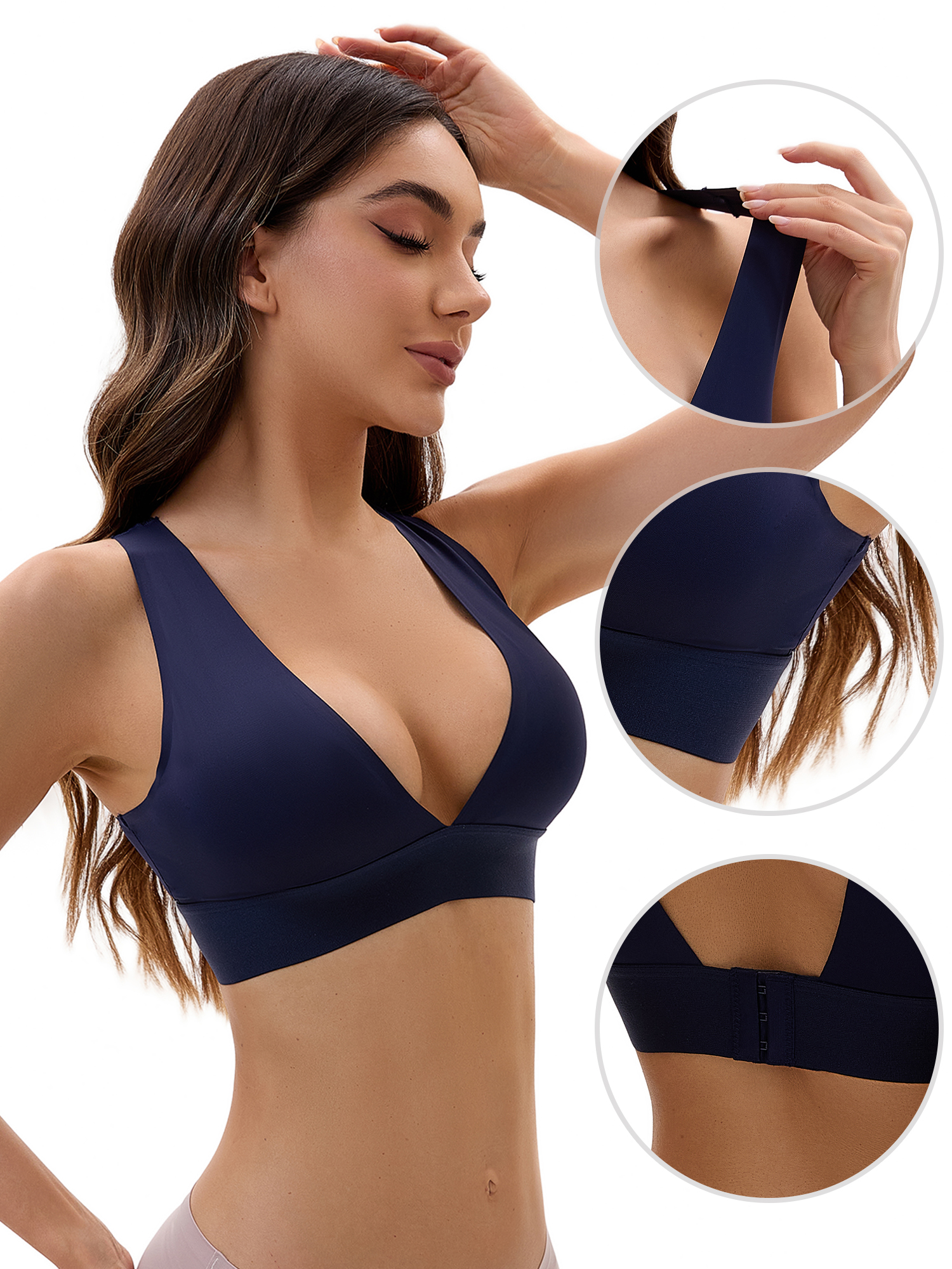 Unique Bargains Women's Deep V Wirefree Comfortable Plunge Bras M Dark Blue