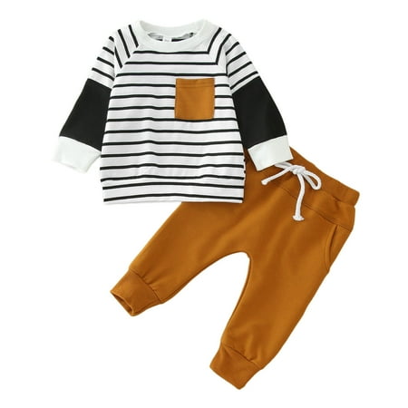 

Toddler Boys Outfit Long Sleeve Striped Prints Crewneck Tops Pants With Pockets 2PCS Outfits Kids Clothes Set For Fall Winter