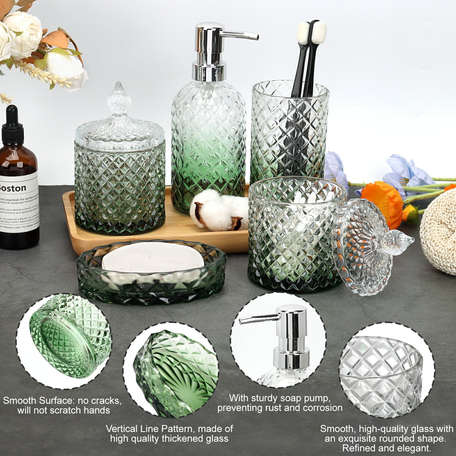 Vertical Line Glass Soap Dispenser Set, Rust-Proof Pump, Thickened Modern Bathroom Accessories for Countertop Organization & Stylish Home Decor
