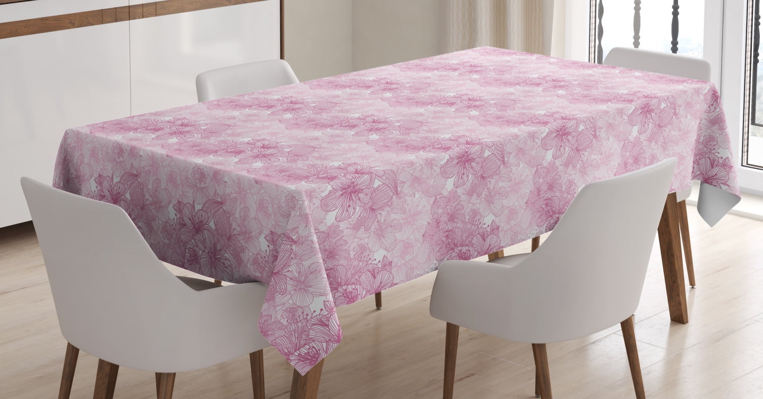 Cherry Blossom Tablecloth, Overlapping Style Hand Drawn Blossom Flowers