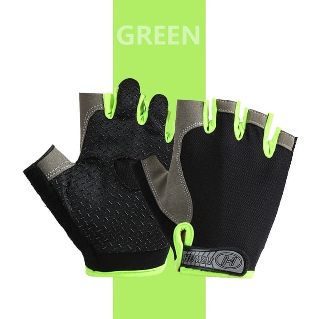 guantes de gimnasio para entrenamiento físico, sin dedos, para hombres y mujeres, culturismo, ejercicio, guantes deportivos para ciclismo, bicicleta, antideslizantes y transpirables par de guantes sin dedos color Verde, vista plana mostrando palma y reverso; palma con recubrimiento antideslizante texturizado en negro, respaldo de malla transpirable negro con ribetes verdes y refuerzo gris en zona del pulgar, cierre de muñeca con pestaña de velcro con logo DFDGQFF; adecuados para levantamiento de pesas, ciclismo y mejorar el agarre en barras y manubrios.