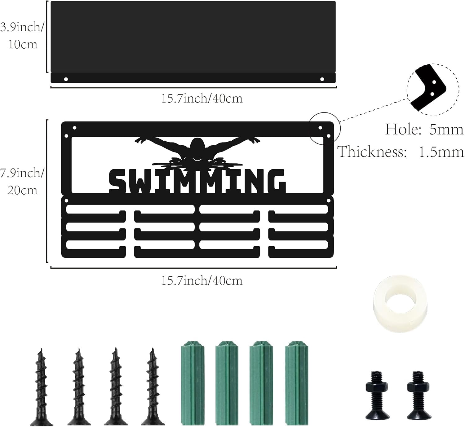 Swimming Trophy Shelf Sports Awards Holder 3 Row Hold 60+ Medals Rectangle Wall Mount Iron Rack Frame Metal Black Athletes Display Hanger DIY
