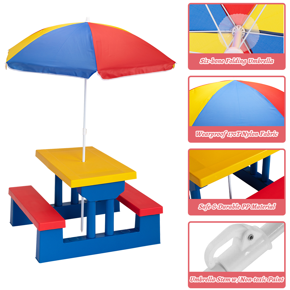 Kids Picnic Table Set with Umbrella, BTMWAY Toddler Table and Chairs Set, Outdoor Kids Picnic Table with 2 Benches, Portable Picnic Table Bench Set for Garden, Backyard, Patio, Red/Yellow/Blue, R2125 - image 4 of 12
