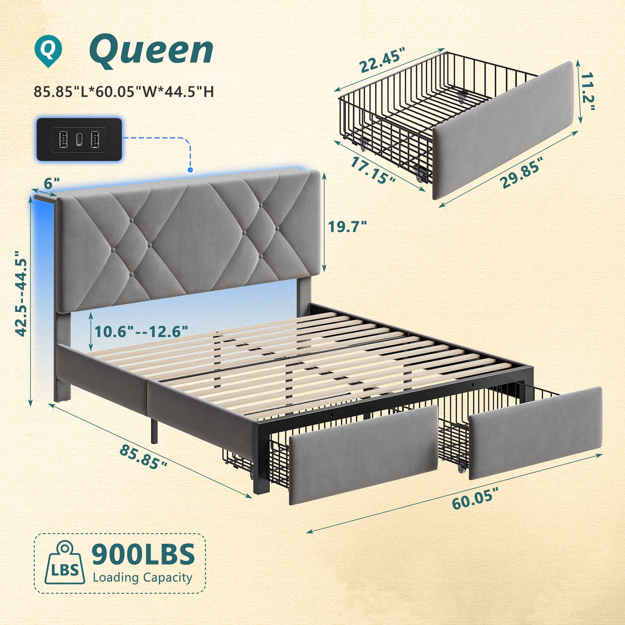 EnHomee Queen Size Bed Frame with 2 Drawers &  Storage Platform Upholstered Bed Frame Queen with Headboard Queen Bed Frame with LED Lights & Charge Station, No Box Spring Needed, No-Noise, Gray