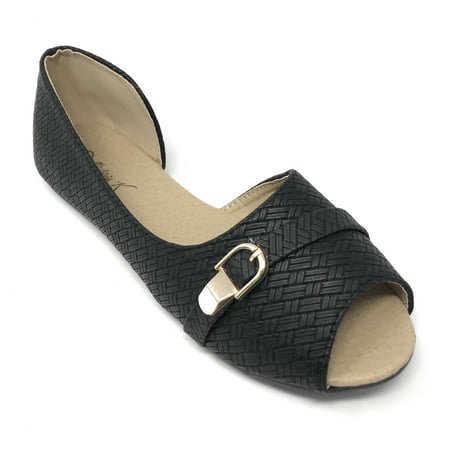 

Victoria K Women s Textured Open Toe With Gold Buckle Ballerina Flats