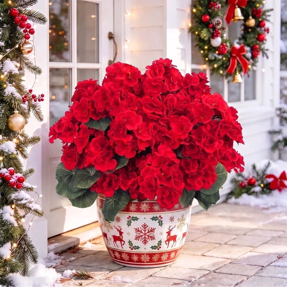 Scidweet Christmas Fake Geraniums Flowers Outdoor, 6 Bundles 21'' Artificial Silk Flowers Faux Christmas Plants for Indoor Outside Table Patio Porch Yard Garden Home Xmas Decor, Ruby Red