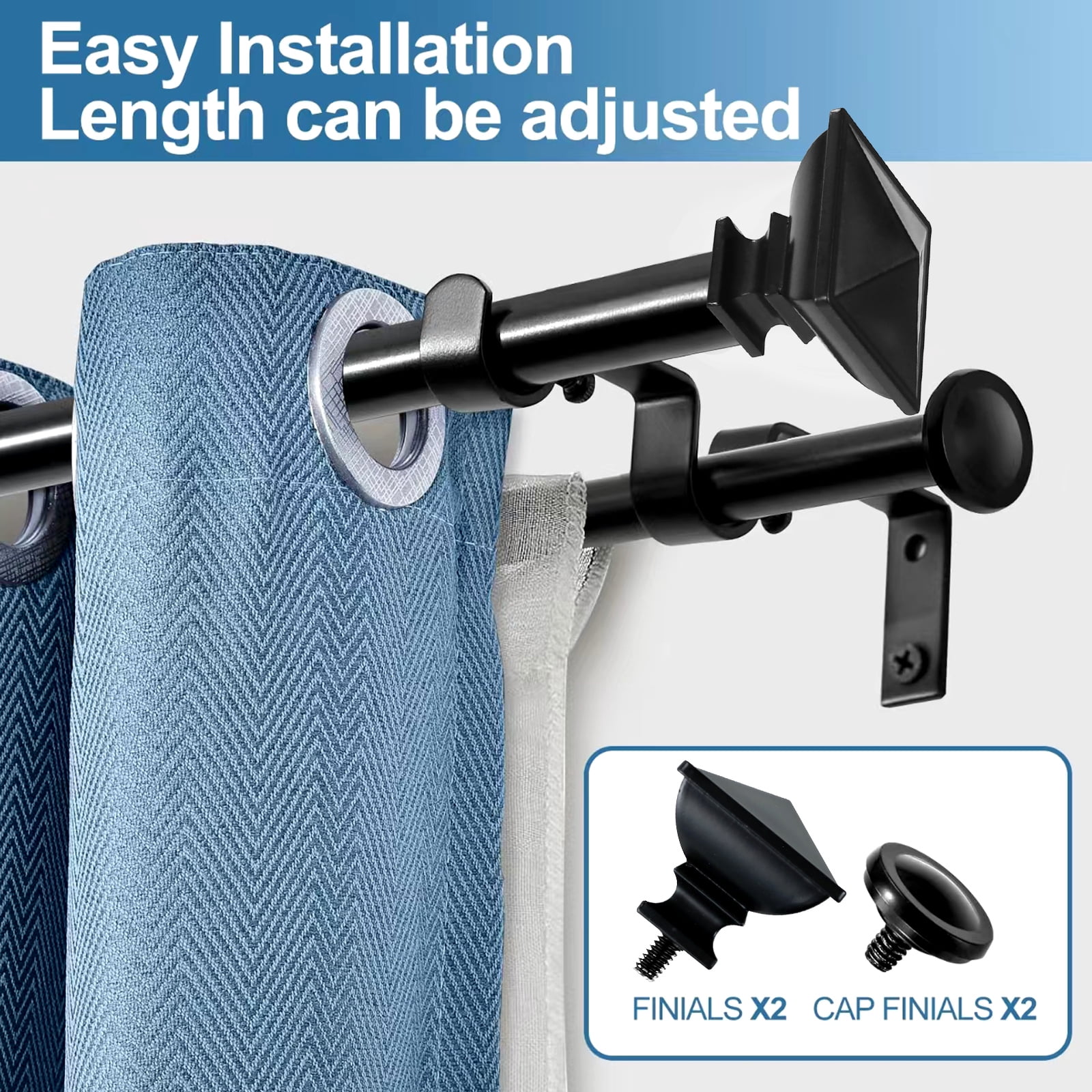 Urbanest Adjustable Double Curtain Rod Set Metal with Decorative Square Urn Finials, Heavy-Duty
