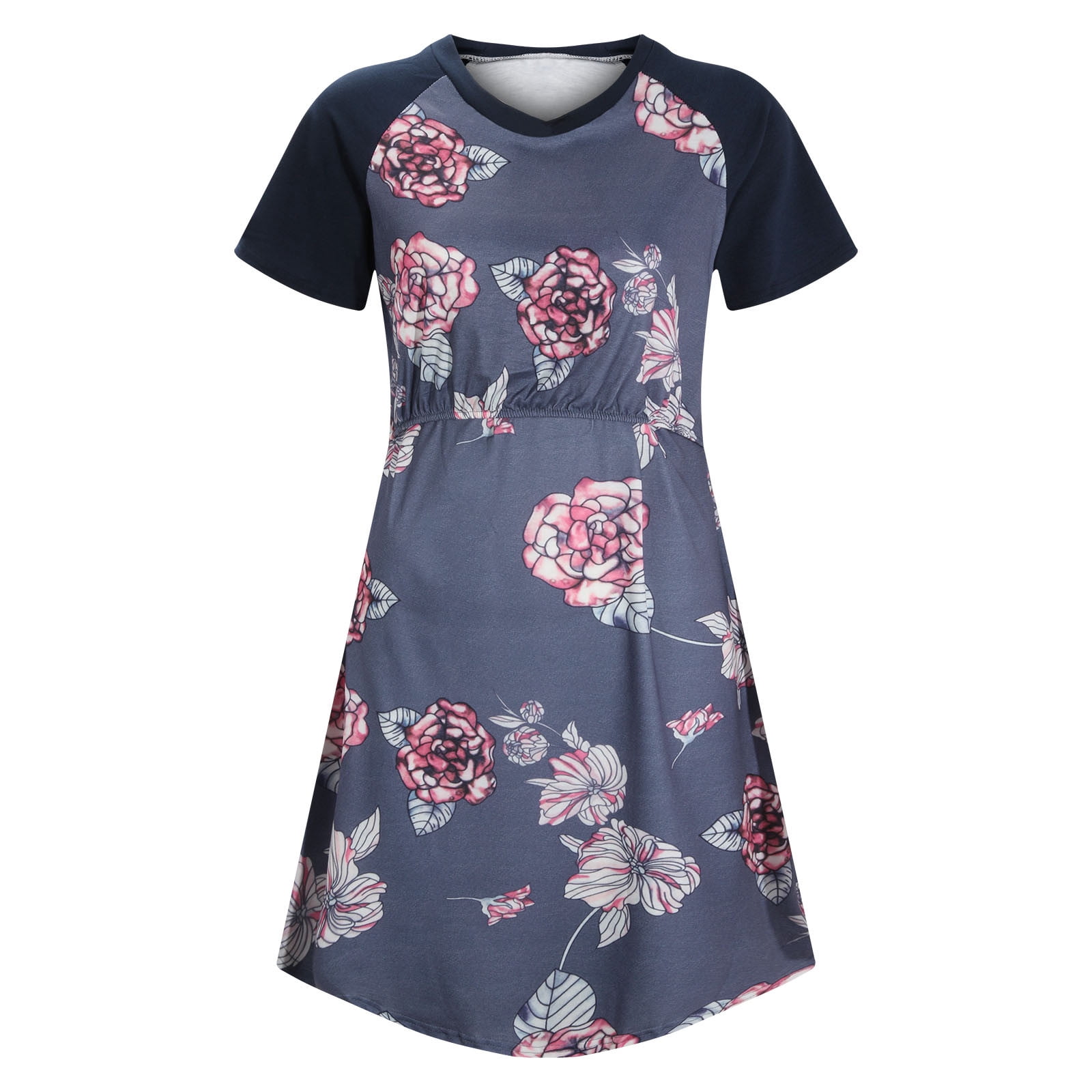 BONIXOOM Christmas Pajamas For Women Thanksgiving Pajamas Sleepwear None Short Sleeve Sleep Dress Printed Navy S