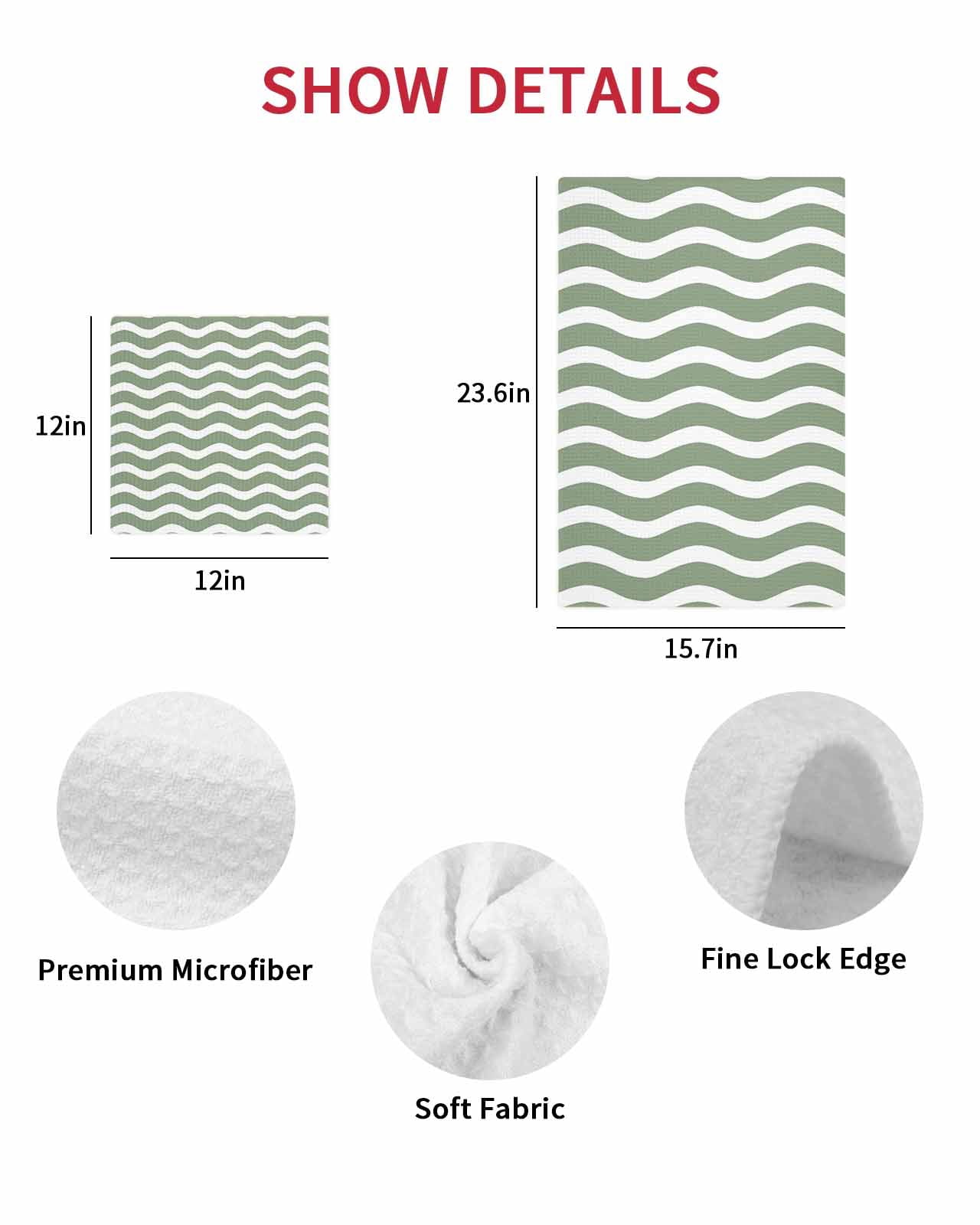Sage Green Striped Kitchen Dish Towels for Drying Dishes Set of 3, Modern Waves Abstract Water Ripple Waffle Weave Microfiber Terry Hand Tea Bathroom Towels Quick Dry & Absorbent Towel 15.7x23.6