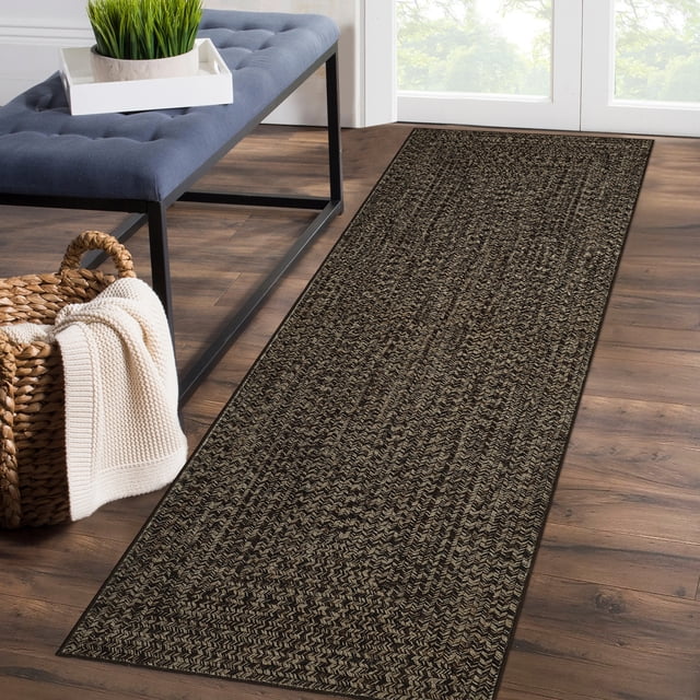 GlowSol 2' x 6' Runner Rug Modern Braided Print Rugs Non-Slip Low Pile Bedroom Runner Rug Washable Floor Mat for Kitchen Hallway, Black Brown